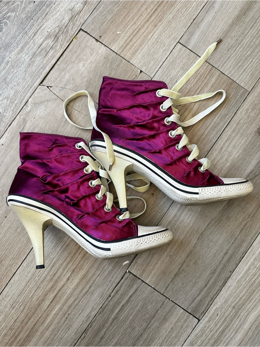 Vintage Ash Women’s Satin Lace-Up High Heel Sneaker Boots in Magenta